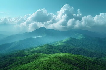 World environment day concept: Green mountains and beautiful blue sky clouds