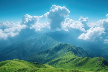 World environment day concept: Green mountains and beautiful blue sky clouds