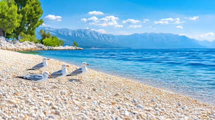 Obraz premium Seagulls on a pebble beach by turquoise sea in Croatia with mountains on horizon on bright day. Ideal as travel or vacation ad