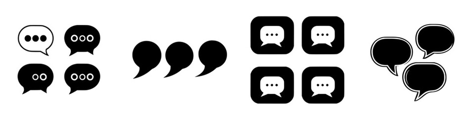 Different styles of speech bubbles in black and white, showcasing communication symbols in various designs