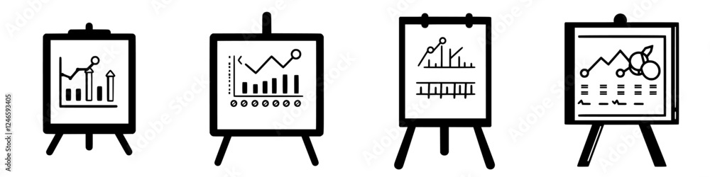 Poster various types of data visualizations displayed on easels in a professional environment