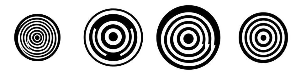 Black and white geometric circles featuring various concentric patterns in a minimalist design