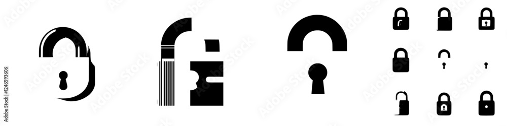 Aufkleber collection of various padlock designs illustrating security concepts in a minimalist style