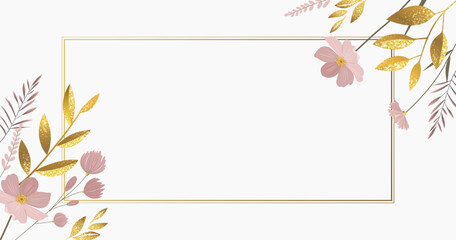 Empty botanical frame with golden leaves and pink flowers. Delicate design, template for voucher, coupon. Promo or flyer offer