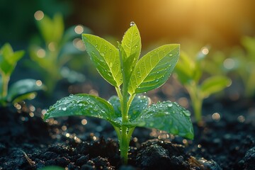 young plant with drop of water in sunlight, Growing plant grow up
