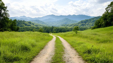 Serene mountain road through verdant valley. Possible use Nature background