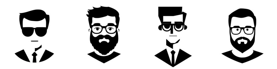 Diverse group of stylish and modern male characters with varying facial hairstyles and glasses in a vector-style illustration