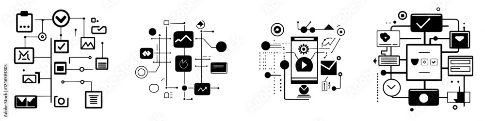Poster graphic representation of digital communication systems with interconnected icons showing data flow 
