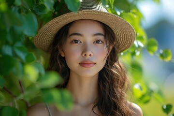 young woman with a hat in an environment of trees and sun with a wooden sign that says think green to protect the natural environment and take care of the environment
