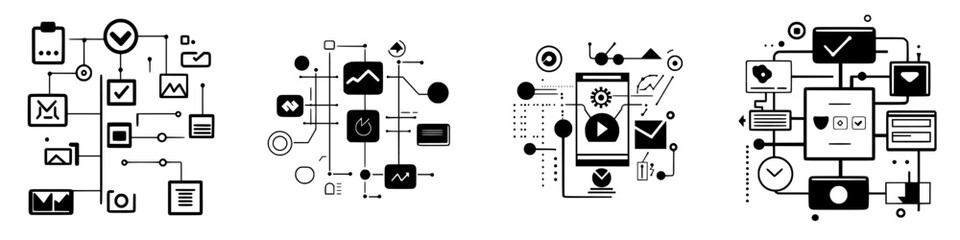 Graphic representation of digital communication systems with interconnected icons showing data flow and information exchange
