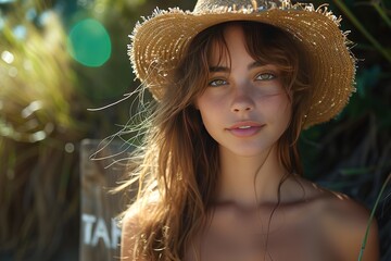 young woman with a hat in an environment of trees and sun with a wooden sign that says think green to protect the natural environment and take care of the environment