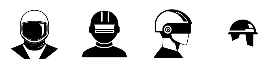Various helmet designs for different professions and activities displayed side by side in black and white format