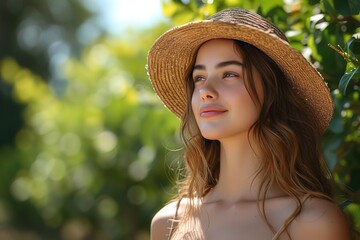 young woman with a hat in an environment of trees and sun with a wooden sign that says think green to protect the natural environment and take care of the environment