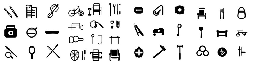 Fototapeta premium Various black icons representing different tools, objects, and activities arranged in a grid format for design purposes