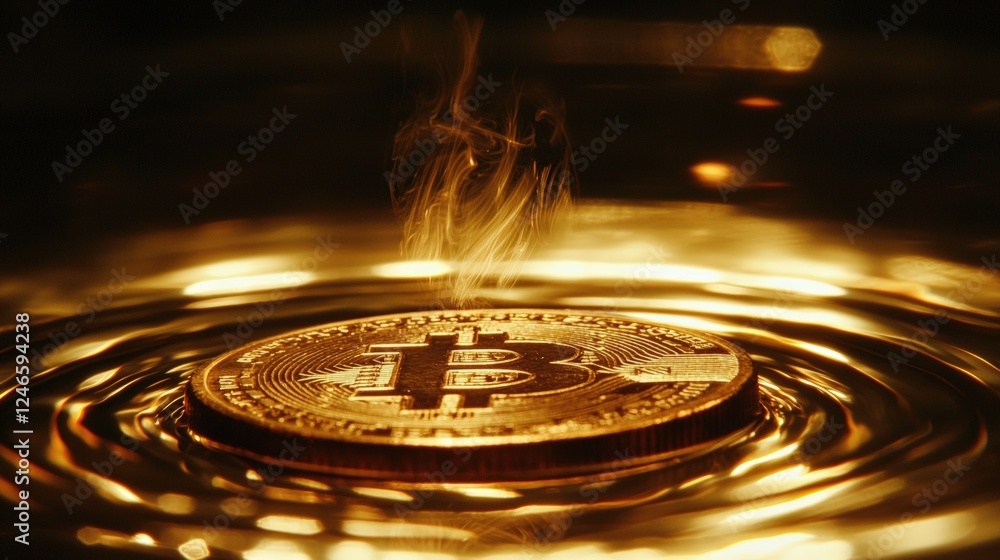 Poster close-up of a spinning coin on a table with reflections and light effects