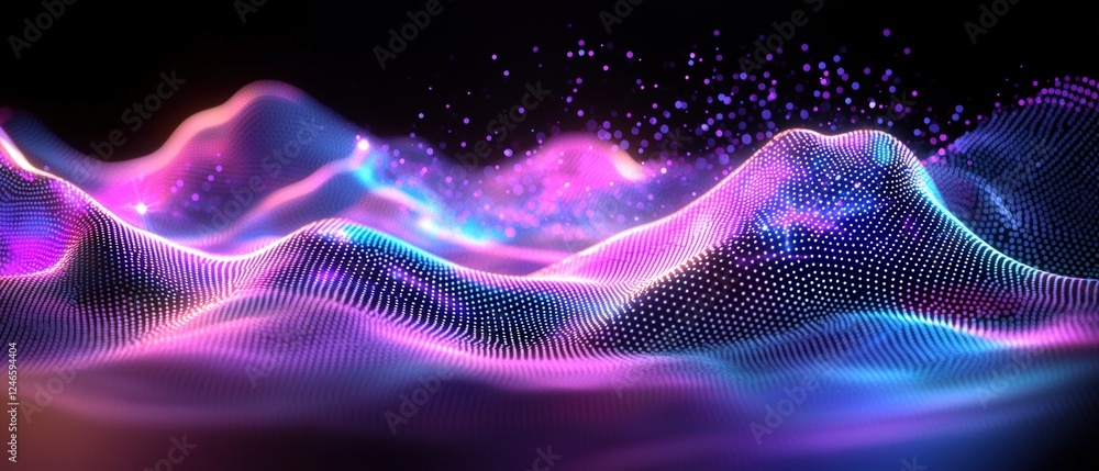 Poster futuristic digital rendering of a neon hologram landscape with vibrant colors and abstract waves in 
