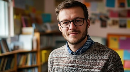A portrait of a young European male teacher in a classroom setting. He is smiling confidently while seated, wearing glasses and a cozy sweater, surrounded by colorful educational materials.
