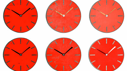 Six red clocks on a white background.  Possible use stock photo for time, clocks, design, minimalism