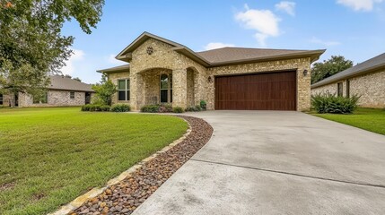Exterior View of Light Beige Stone Home with Brown Garage and Lush Green Lawn