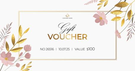 Elegant gift voucher with golden leaves and pink flowers. Delicate design, template for gift card, coupon. Promo or flyer offer