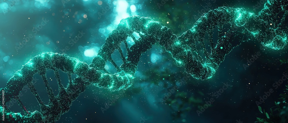 Aufkleber digital rendering of glowing neon dna double helix in a mystical background with stars and light eff