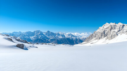 Naklejka premium Snow-capped mountain range, vast glacial expanse, clear blue sky, winter scene. Ideal for backgrounds, travel inspiration