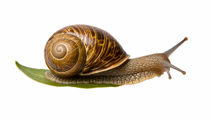 Snail on leaf, isolated on white background, nature, macro photography, for educational use