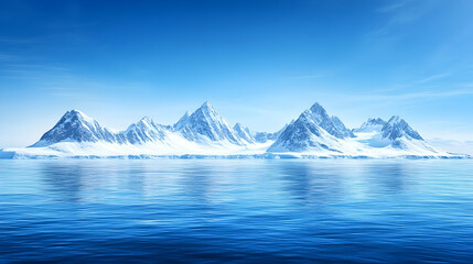 Snow mountains reflecting in blue water under clear skies for travel blogs, wallpaper, and backgrounds