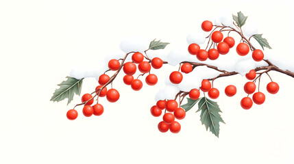 Snowy red berries on a branch, winter illustration, nature art