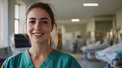 A young female nurse smiles warmly in a hospital setting, showcasing her dedication to patient care and support in a professional environment.