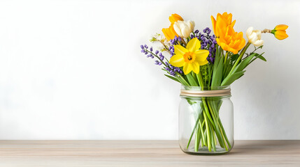 Spring flowers in glass vase, simple home decor