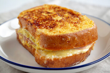 Homemade French Monte Cristo Sandwich, low angle view. Close-up.