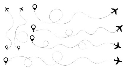 Airplane Flight Path Vector. Dotted Line Route Map for Travel & Aviation Design.
