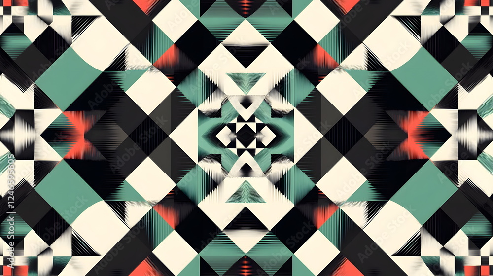 Poster geometric pattern with vibrant colors, symmetrical shapes, and intricate design elements.