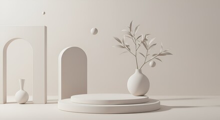 "Zen Simplicity: Minimalist White Podium with Elegant Vase and Leafy Branch"