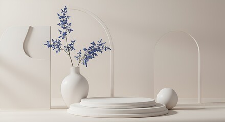 "Zen Simplicity: Minimalist White Podium with Elegant Vase and Leafy Branch"