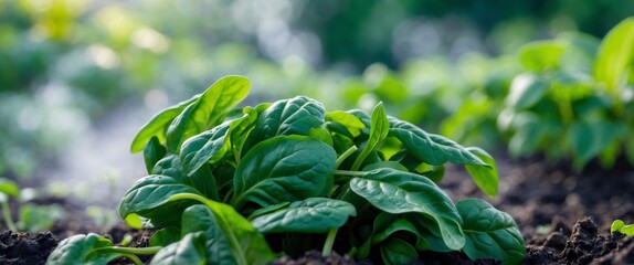 Fresh spinach growing in a home garden with steaming soil and greenery in the background