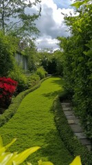 Formal Garden Path With Hedged Borders and Red Flowers