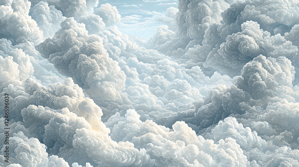 Poster fluffy white clouds with soft light in a serene sky, creating a tranquil atmosphere.