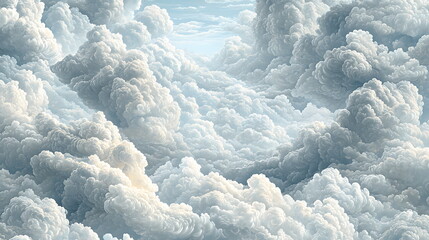 Fluffy white clouds with soft light in a serene sky, creating a tranquil atmosphere.