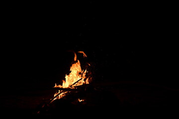Fire flames on a black background. Burning firewood in the fireplace, close-up