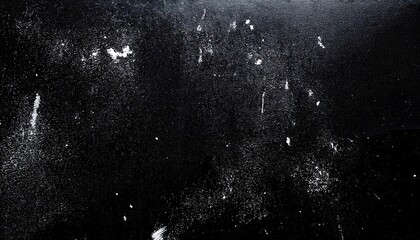 grunge black texture with white scratches and paint splatter for abstract background, overlays, or distressed design


