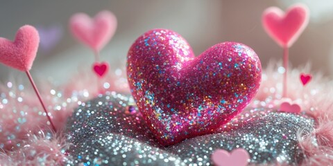 Fototapeta premium A pink glittery heart sitting on a bed of sparkling glitter Valentine's Day.