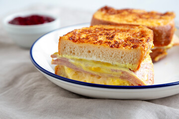 Homemade French Monte Cristo Sandwich with Raspberry Jam, side view. Close-up.