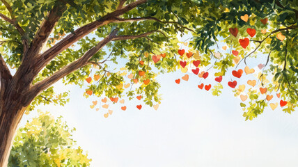Obraz premium Gentle watercolor depiction of tree with heart shaped leaves, symbolizing love and nature beauty
