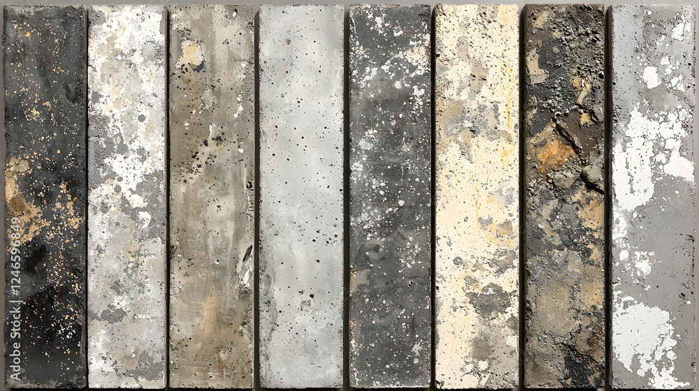 Poster concrete textures in varying shades of gray and tan arranged in vertical strips with weathered patte