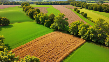 Aerial view of green fields and farmland with trees and crops.

