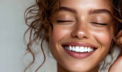 A joyful woman with curly hair smiles brightly, showcasing her radiant skin and white teeth against a soft background.