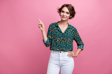 Portrait of confident lovely woman wear print blouse indicating at profitable proposition empty...