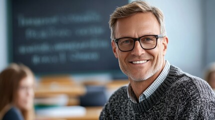 Fototapeta premium A portrait of a middle-aged European male teacher smiling in a classroom. Dressed in a sweater, he exudes confidence and approachability as he engages with students.